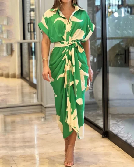 プリント半袖女性服イブニングドレスレディアパレルカーディガン不規則なファッションドレス
